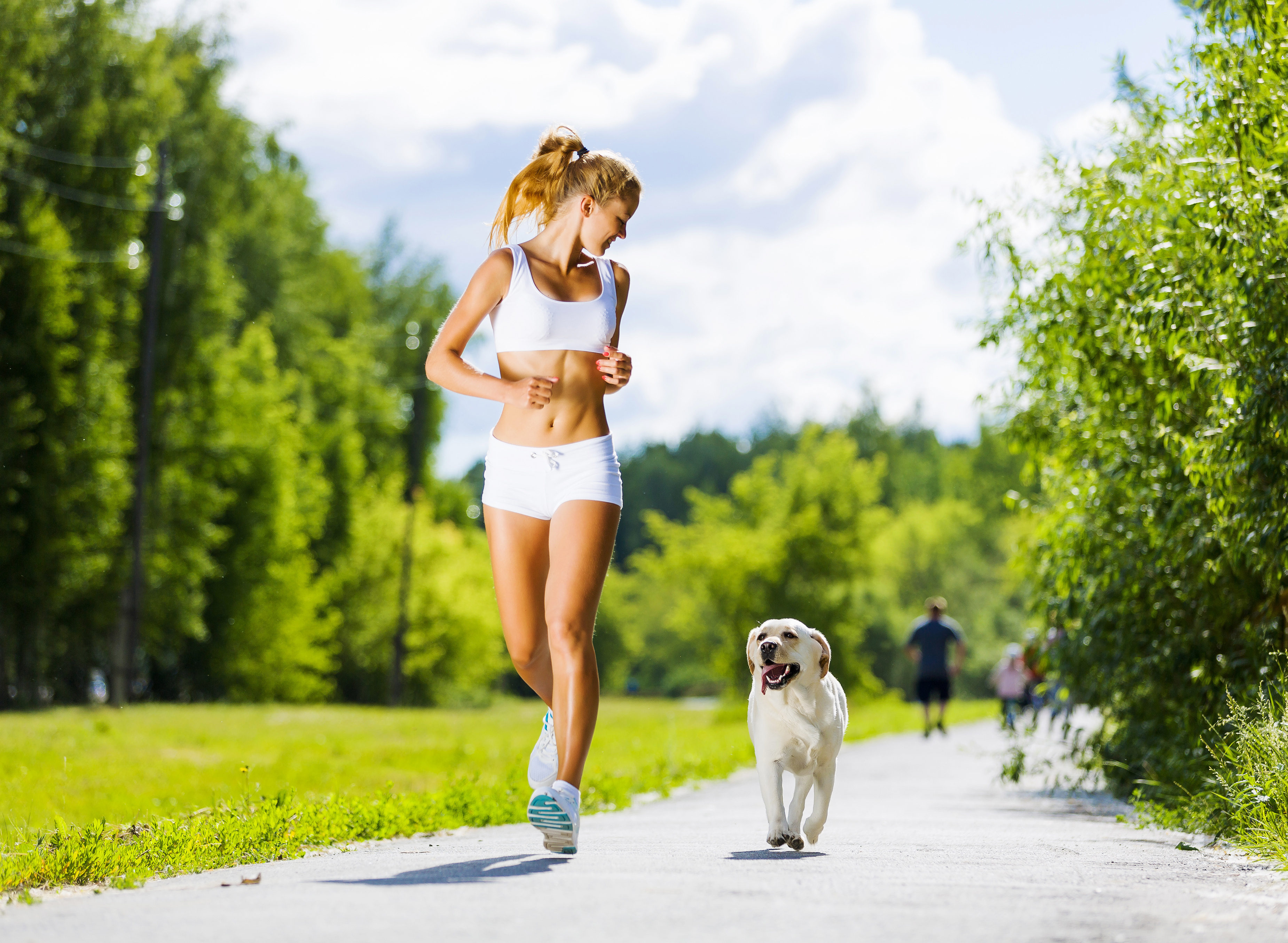 Morning jogging. Девушка на пробежке в парке. Девушка на пробежке с собакой. Спортивная девушка в парке. Утренняя пробежка.